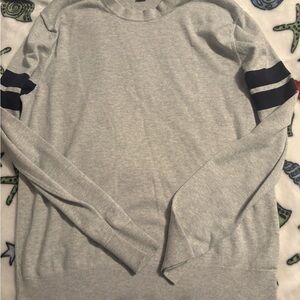 Banana Republic Light Gray Crewneck Sweater with Navy Sleeve Stripes